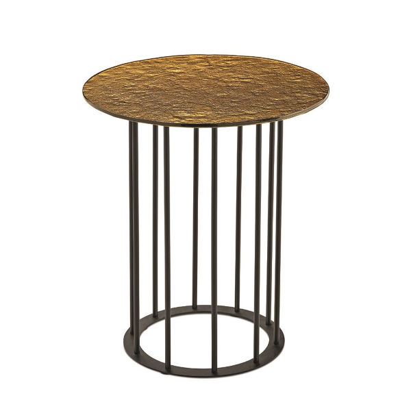 Runder Couchtisch, D45 cm, mit schwarzem Metallgestell und Ambra MUTE-Hammerglasplatte