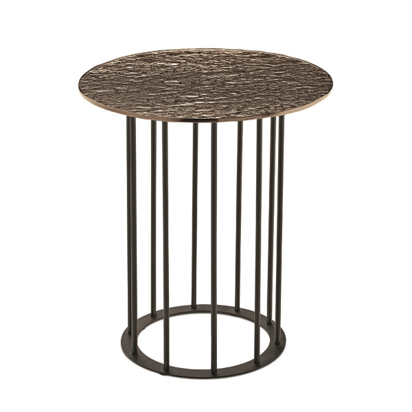 Runder Couchtisch, D45 cm, mit schwarzem Metallgestell und gehämmerter Glasplatte aus MUTE-Bronze