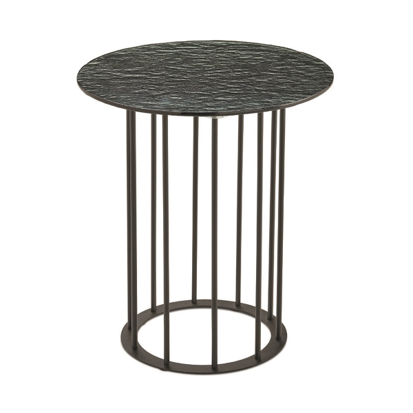 Round coffee table D45 cm with Black metal base and MUTE Fumè hammered glass top