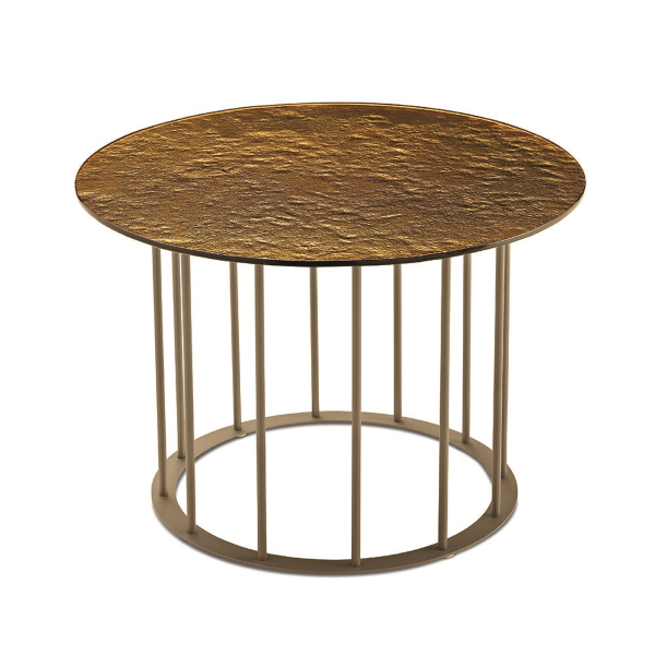 Round coffee table D60 cm with Beige metal base and Amber hammered glass top MUTE