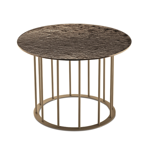 Round coffee table D60 cm with Beige metal base and Bronze hammered glass top MUTE