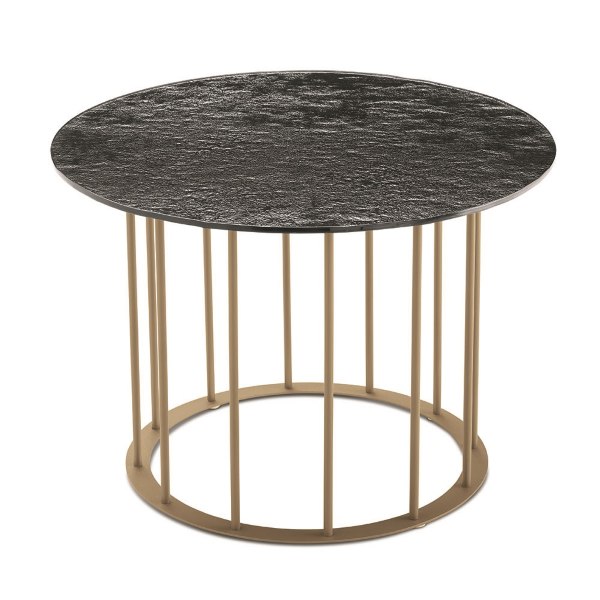 Runder Couchtisch, D60 cm, mit beigem Metallgestell und Fumè-Hammerglasplatte MUTE