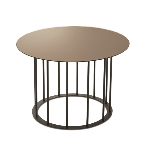 Runder Couchtisch, D60 cm, mit schwarzem Metallgestell und bronzefarbener MUTE-Glasplatte