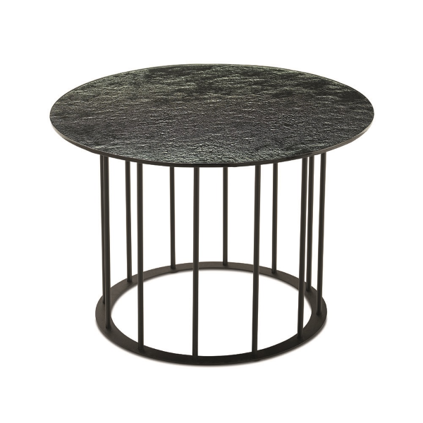 Runder Couchtisch, D60 cm, mit schwarzem Metallgestell und MUTE Fumè-Hämmerglasplatte