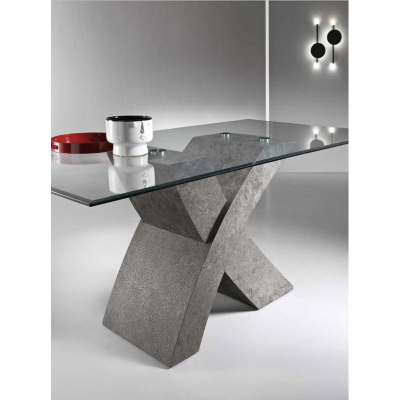 RAUL concrete table with glass top and wood effect base