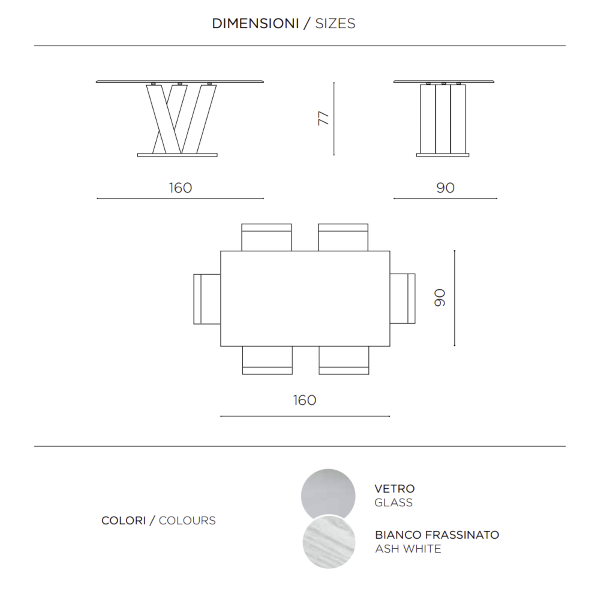 Fixed glass table and ENNIO white ash wood frame