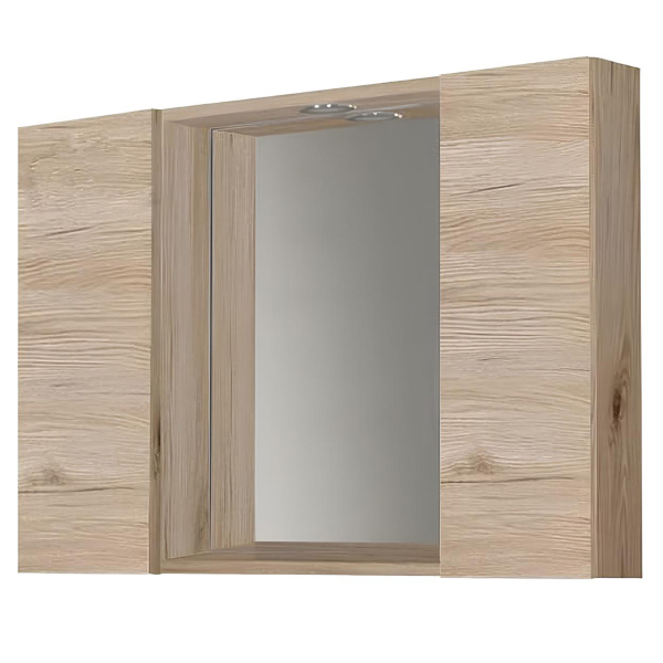 2-door wooden bathroom mirror 81 cm with LED spotlight in Nature Oak