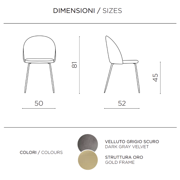 Esszimmerstuhl aus dunkelgrau-Samt und goldfarbenen Metallbeinen - VENEZIA 2 Stühle