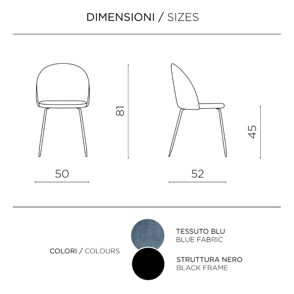 Sedia da pranzo in tessuto Blu e gambe metallo Nero - KAREN 2 sedie