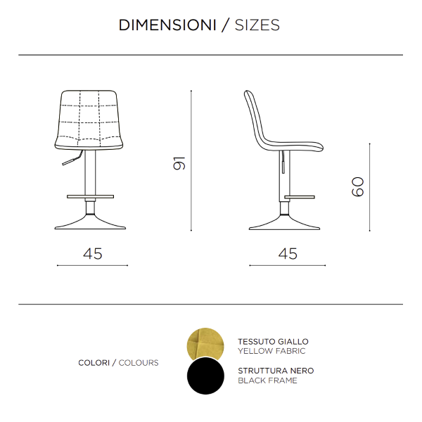 Drehhocker aus gelbem Stoff mit Metallbeinen KATERINE 2 Stück