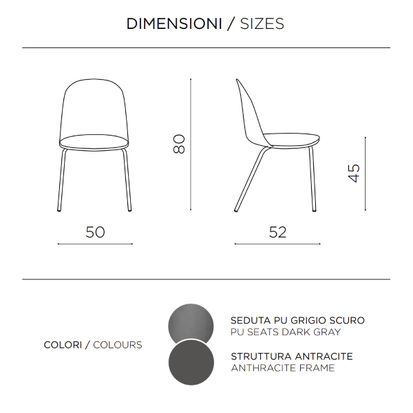 Sedia in polipropilene Grigio Scuro con seduta in ecopelle LETE 2 sedie