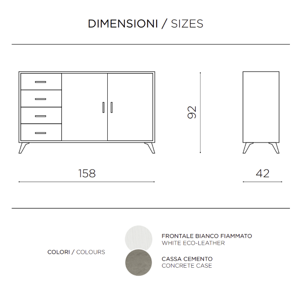 Sideboard with 2 doors and 4 drawers 158 cm in Cemento melamine - ARIEL