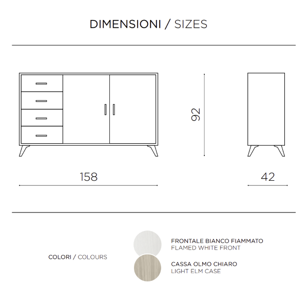 Buffet 2 portes et 4 tiroirs 158 cm en mélaminé Frêne Blanc - ARIEL