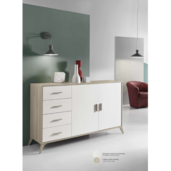 Buffet 2 portes et 4 tiroirs 158 cm en mélaminé Frêne Blanc - ARIEL