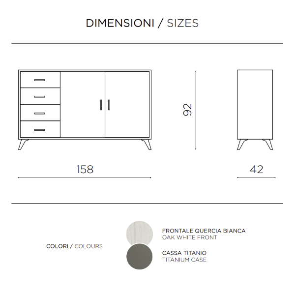 Buffet 2 portes et 4 tiroirs 158 cm en mélaminé Chêne Blanc - ARIEL