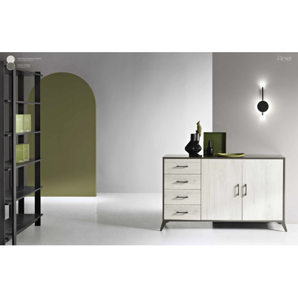 Buffet 2 portes et 4 tiroirs 158 cm en mélaminé Chêne Blanc - ARIEL