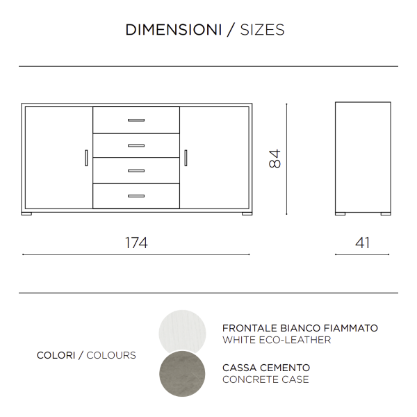 Madia con 2 ante e 4 cassetti centrali 174 cm in melaminico Bianco Frassino - VALE