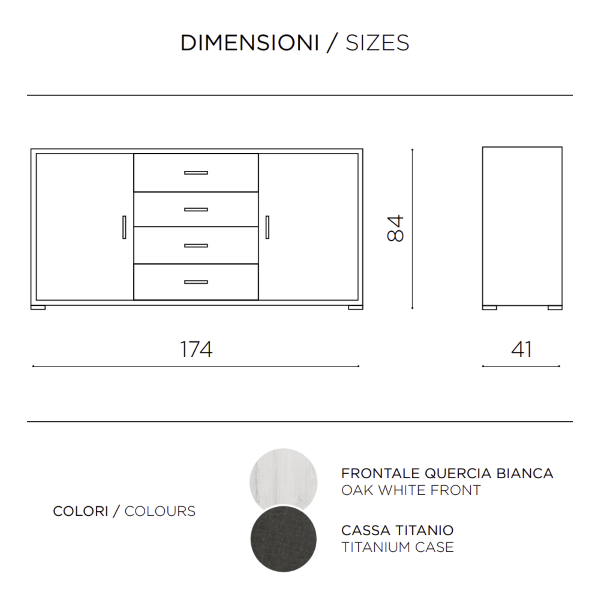 Madia con 2 ante e 4 cassetti centrali 174 cm in melaminico Quercia Bianco - VALE