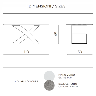 Ovaler Couchtisch mit Glasplatte und CEMENT-Farbbasis