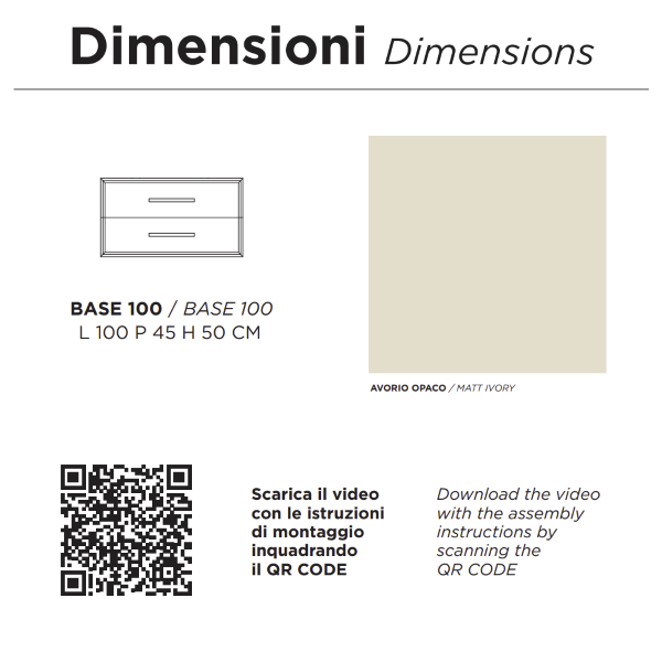 Modern suspended bathroom cabinet base 100 CLASSIC with 2 drawers and sink, MATT IVORY