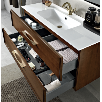 Mobile da bagno sospeso moderno base 100 CLASSIC con 2 cassetti e lavabo, NOCE CHIARO