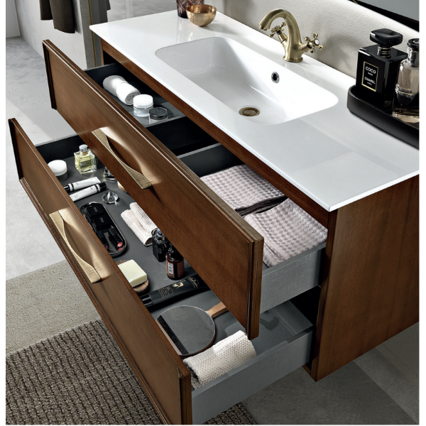 Mobile da bagno sospeso moderno base 100 CLASSIC con 2 cassetti e lavabo, NOCE CHIARO