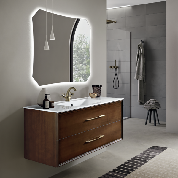 Mobile da bagno sospeso moderno base 100 CLASSIC con 2 cassetti e lavabo, NOCE CHIARO
