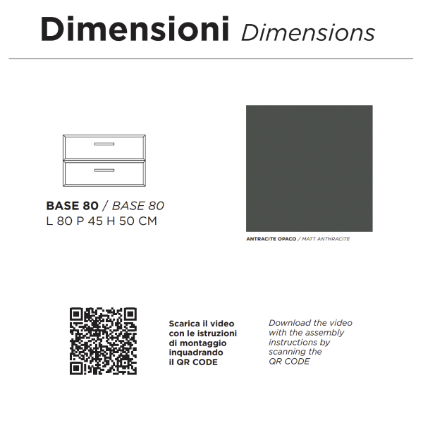 CLEIDE base 80cm modern suspended bathroom cabinet with 2 drawers and sink, matt anthracite 