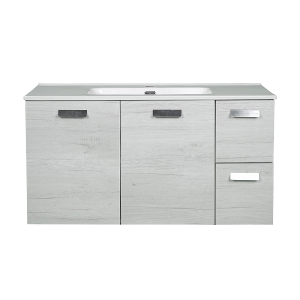 Moderner hängender Badezimmerschrank 101 cm Boden mit 2 Türen und 2 Schubladen mit Waschbecken aus weißer Eiche