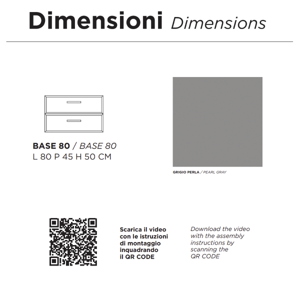 CLEIDE modern suspended bathroom cabinet base 80cm with 2 drawers and sink, PEARL GREY