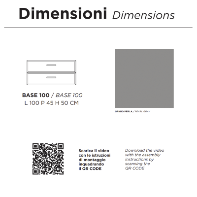 CLEIDE Bathroom cabinet suspended modern base 100 with 2 drawers and sink, PEARL GREY