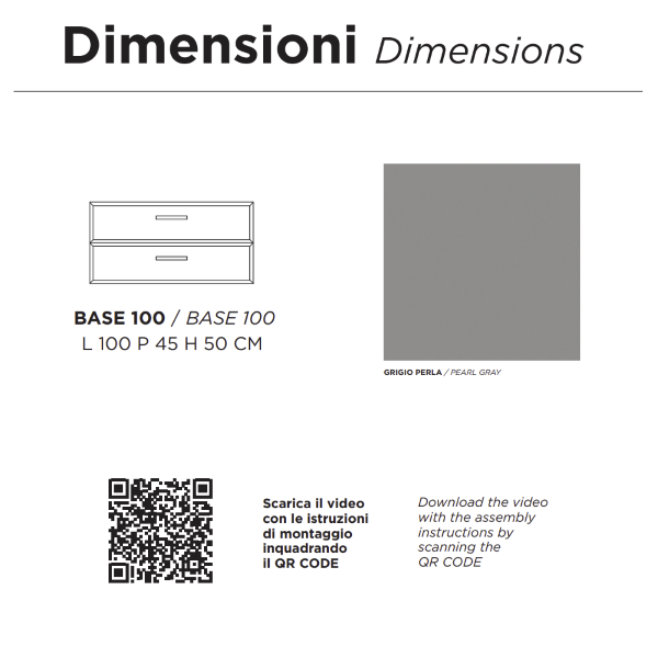 CLEIDE Bathroom cabinet suspended modern base 100 with 2 drawers and sink, PEARL GREY