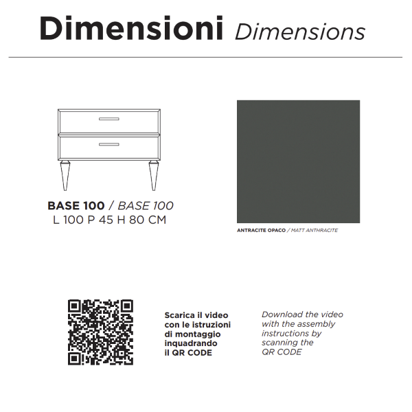 Modern ground bathroom cabinet base 100 CLEIDE with 2 drawers and matt anthracite washbasin