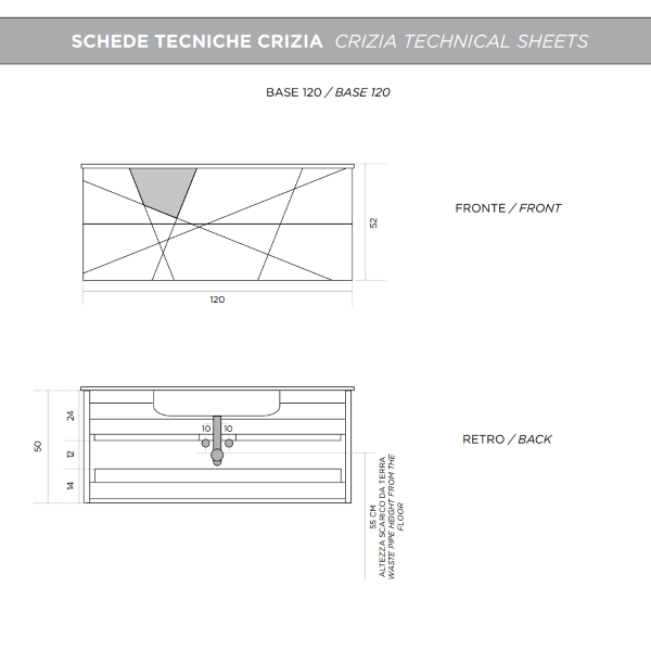 CRIZIA modern suspended bathroom cabinet base 120 ,with sink, MATT WHITE