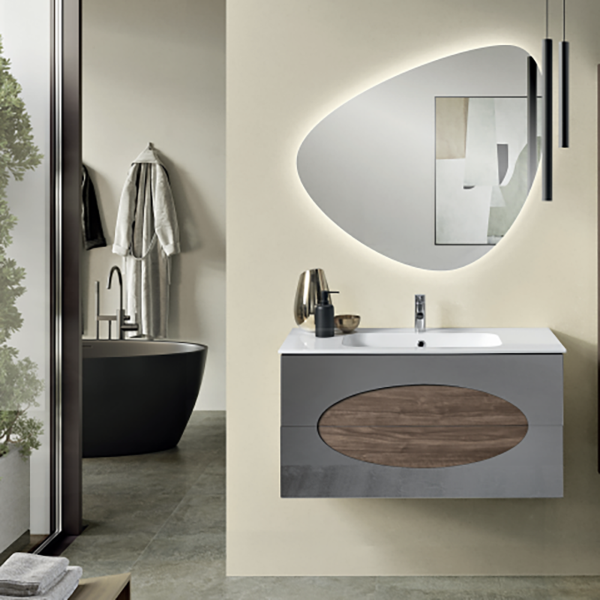 005301 - Mueble de baño suspendido 100 LIA Noce con inserciones de cristal  espejo Fumè y lavabo 