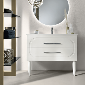 Moderner freistehender Badezimmerschrank mit 100 CASPIO-Untergestell mit 2 Schubladen und MATT WHITE-Waschbecken