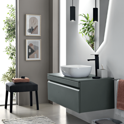 Modern suspended bathroom cabinet with 100 RIO base with GREEN ALGA countertop washbasin
