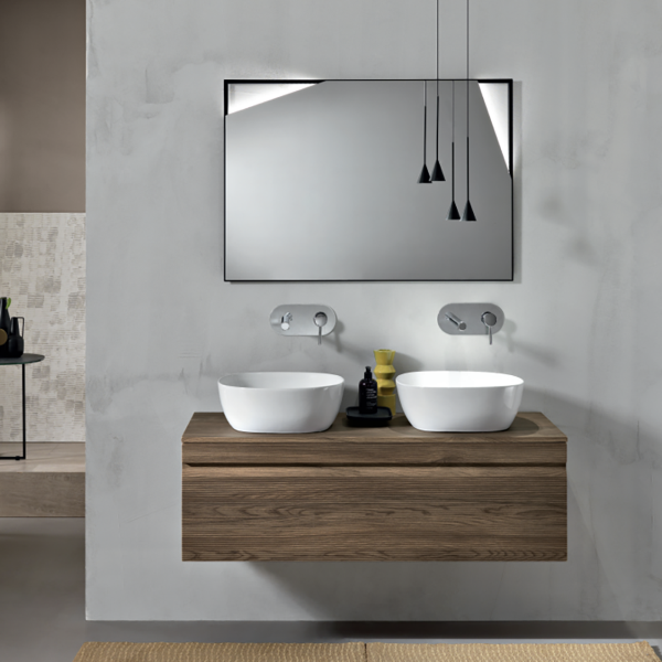 Bagno completo sospeso con base 120 specchio LED e 2 lavabi da appogio -  RIO Tek