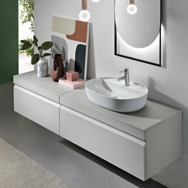Bagno completo sospeso con 2 basi specchio LED e lavabo da appogio -  RIO Grigio