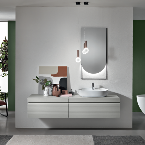 Bagno completo sospeso con 2 basi specchio LED e lavabo da appogio -  RIO Grigio