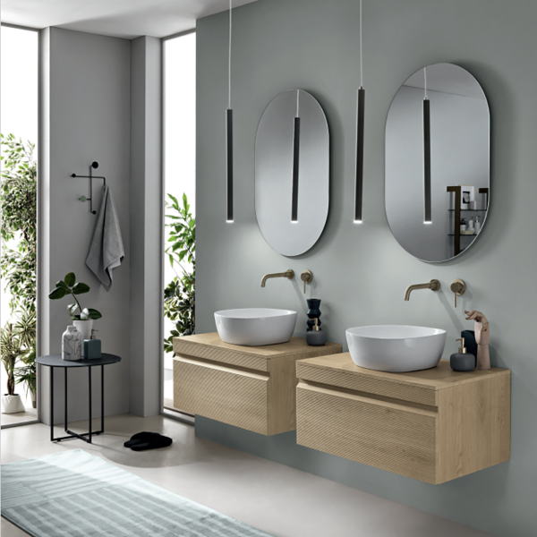 Bagno completo sospeso con doppia base 80 e lavabo e 2 specchi -  RIO Rovere chiaro