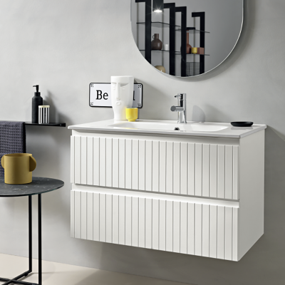 Modern suspended bathroom cabinet with ARTICO 80 base with 2 drawers and MATT WHITE sink