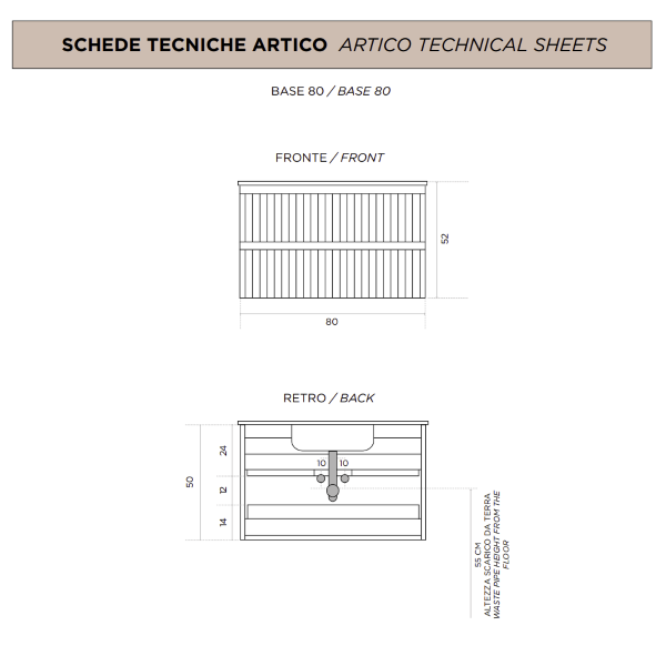 Moderner hängender Badezimmerschrank mit ARTICO 80-Untergestell mit 2 Schubladen und RUGGINE-Waschbecken