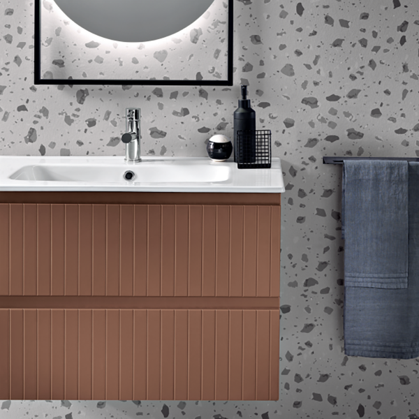 Moderner hängender Badezimmerschrank mit ARTICO 80-Untergestell mit 2 Schubladen und RUGGINE-Waschbecken