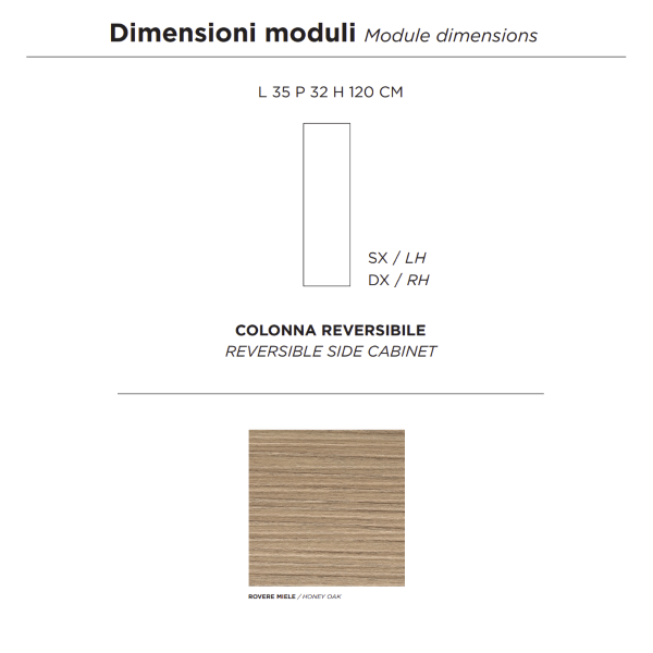 PIAVE modern reversible bathroom column with 1 door in Honey Oak