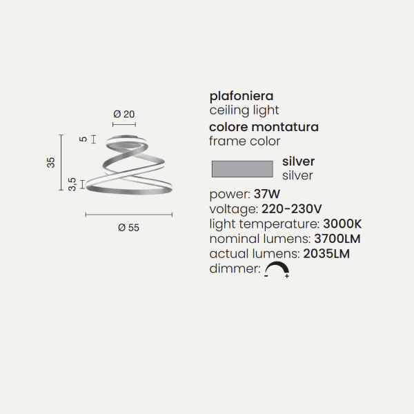 Plafoniera moderna VUELTA a LED D55 cm in metallo verniciato Silver