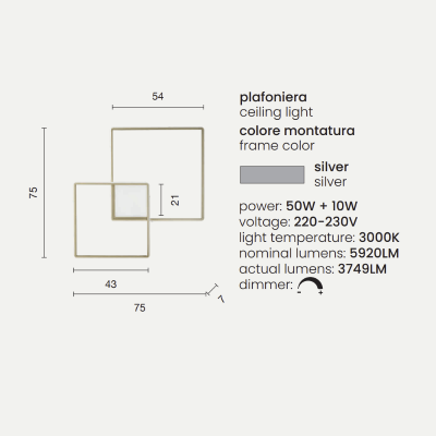 Plafonnier DOWEL en GRAND métal peint Argent 75x7 cm