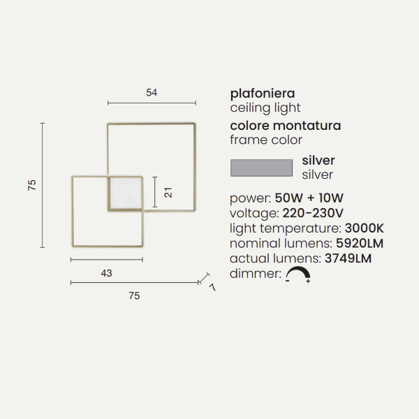 Plafonnier DOWEL en GRAND métal peint Argent 75x7 cm