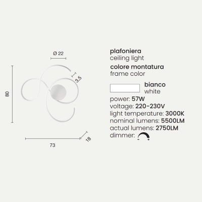 TWIST LED Deckenleuchte aus WEISS lackiertem Metall 73x80 cm