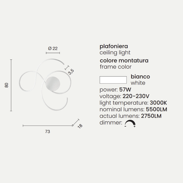 TWIST LED Deckenleuchte aus WEISS lackiertem Metall 73x80 cm